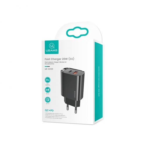 Блок питания сетевой 1 USB, Type-C Usams US-CC121, T35, QC3.0, PD3.0, цвет: чёрный