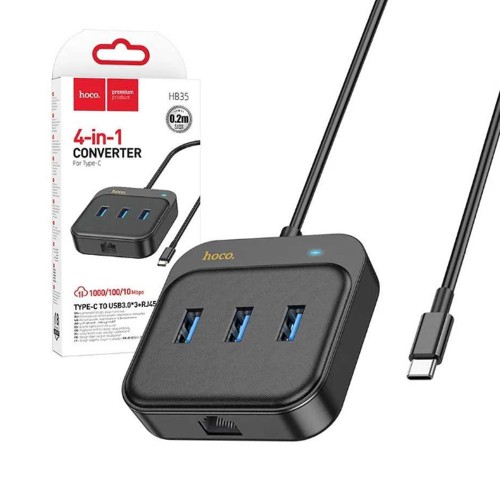 USB-концентратор HOCO HB35, EasyLink, 4 гнезда, 3xUSB 3.0, RJ45, кабель Type-C 0.2м, цвет: черный