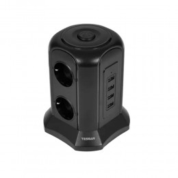 Сетевой фильтр TESSAN TP-VB4U6E, 2.0м, 2.4A, 6 розеток, с заземлением, кнопка питания, 4 USB выхода, цвет: чёрный
