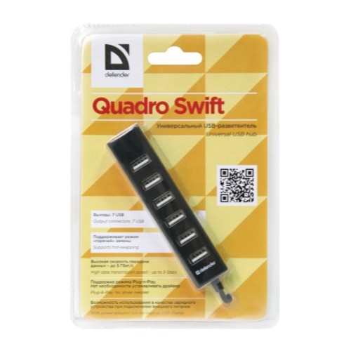 USB-концентратор Defender, Quadro Swift, 7 гнезд, 1 USB выход, цвет: чёрный