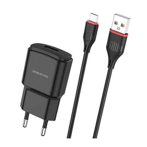 Блок питания сетевой 1 USB Borofone BA48A, Orion, 2100mA, кабель микро USB, цвет: чёрный