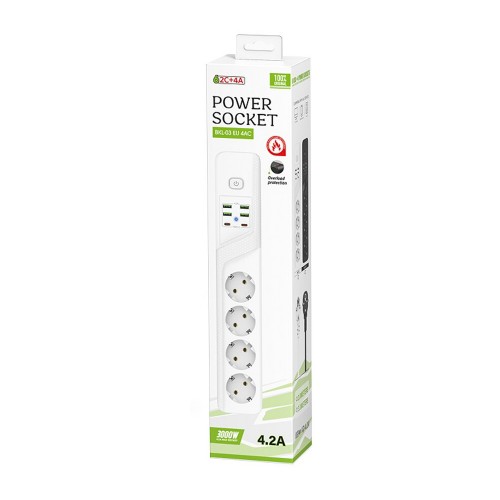 Удлинитель Power Socket BKL-03-3, 2.0м, 4 розетки, 2 Type-C, белый
