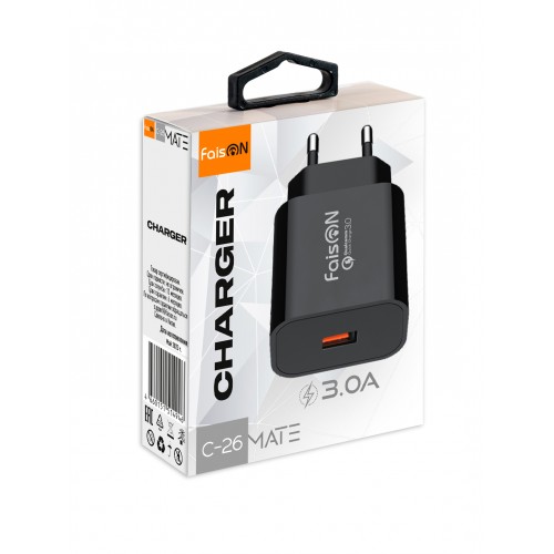 Блок питания сетевой 1 USB FaisON C-26, MATE, 3000mA, 18Вт, QC3.0, цвет: чёрный