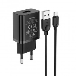 Блок питания сетевой 1 USB Borofone BA52A, Gamble, 2100mA, кабель микро USB, цвет: чёрный
