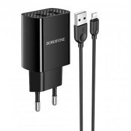 Блок питания сетевой 2 USB Borofone BA53A, Powerway, 2100mA, кабель 8 pin, цвет: чёрный
