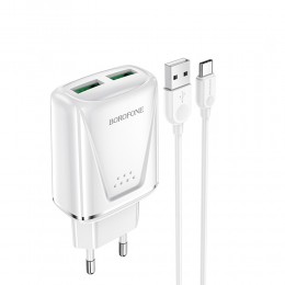 Блок питания сетевой 2 USB Borofone BA54A, Wide, 18Вт, QC3.0, кабель Type-C, цвет: белый
