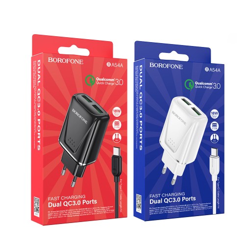 Блок питания Borofone BA54A 2 USB, 18Вт, QC3.0, белый
