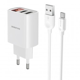 Блок питания сетевой 2 USB Borofone BA58A, Mighty, 2.4A, кабель микро USB, цвет: белый
