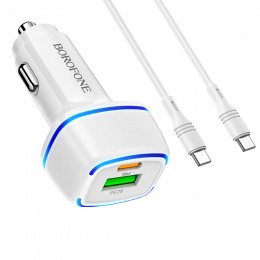 Блок питания автомобильный 1 USB, Type-C Borofone BZ14A , Mercury, 3000mA, QC3.0, FCP, SCP, AFC, PD3.0, кабель Type-C-Type-C, цвет: белый
