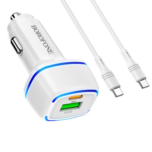 Блок питания автомобильный Borofone BZ14A 1 USB, Type-C, QC3.0, белый
