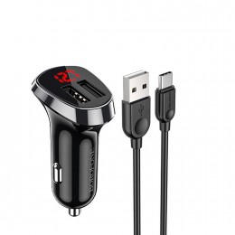 Блок питания автомобильный 2 USB Borofone BZ15, Auspicious, 2400mA, 12Вт, кабель Type-C, цвет: чёрный
