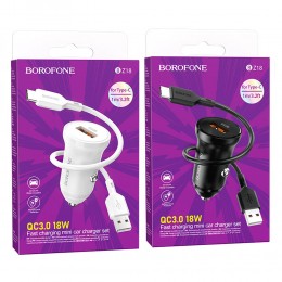 Блок питания автомобильный 1 USB Borofone BZ18, QC, AFC, FCP, кабель Type-C, цвет: белый
