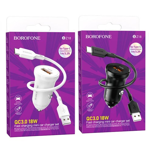 Блок питания автомобильный Borofone BZ18, 1 USB, QC, AFC, белый

