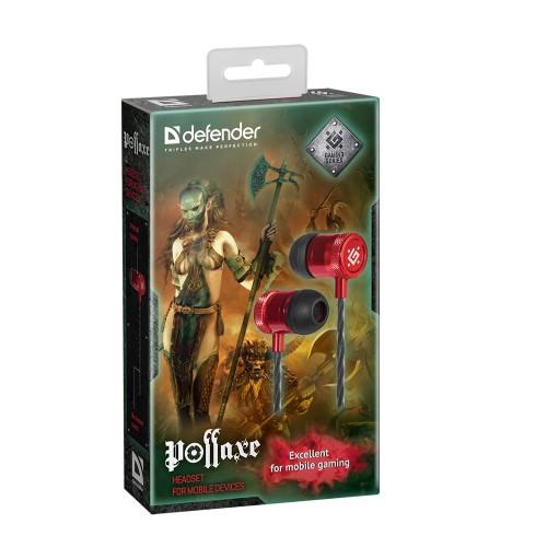 Наушники внутриканальные Defender, Pollaxe, Jack 3.5мм, 1.2 м, цвет: чёрный, красная вставка