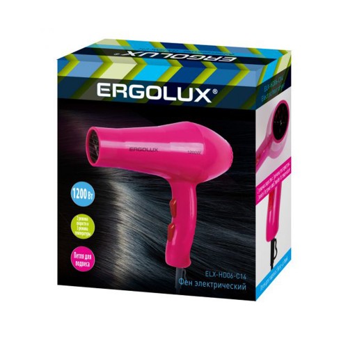 Фен ERGOLUX, ELX-HD06-C14, 1200Вт/220V, пластик, 2 режима скорости, 3 режима температуры, цвет: розовый