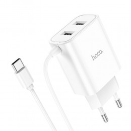 Устройство зарядное сетевое Type-C, 2 USB HOCO, C103A, Courser, 2100mAh, цвет: белый