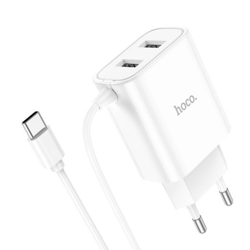 Устройство зарядное сетевое Type-C, 2 USB HOCO, C103A, Courser, 2100mAh, цвет: белый