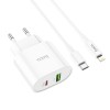 Блок питания сетевой 1 USB, Type-C HOCO C95A, Lineal, 3000mA, 20Вт, QC3.0, QC2.0, PD3.0, кабель 8 pin-Type-C, цвет: белый