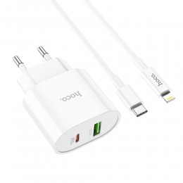 Блок питания сетевой 1 USB, Type-C HOCO C95A, Lineal, 3000mA, 20Вт, QC3.0, QC2.0, PD3.0, кабель 8 pin-Type-C, цвет: белый