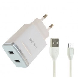 Блок питания сетевой 2 USB FaisON HUT-105, Silver line, 2400mA, кабель микро USB, цвет: белый