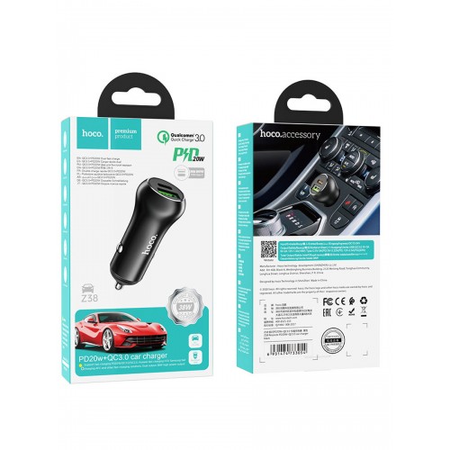 Блок питания HOCO Z38: 1 USB, 1 Type-C, QC3.0, PD 20Вт, чёрный
