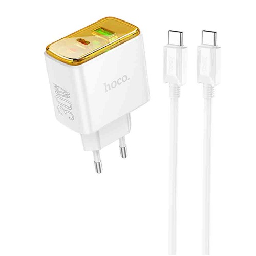 Блок питания сетевой USB, Type-C HOCO CS42A, Smart, 5V, 3.0A, 30Вт, PD, QC 3.0, кабель Type-C, Type-C, 1.0м, цвет: белый