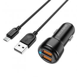 Блок питания автомобильный 2 USB Borofone BZ17, Core, 3000mA, 18Вт, QC3.0, кабель микро USB, 1.0м, цвет: чёрный
