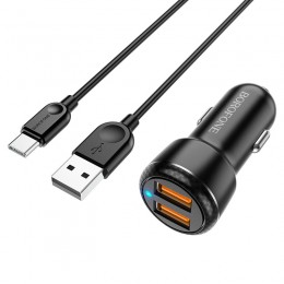 Блок питания автомобильный 2 USB Borofone BZ17, Core, 3000mA, 18Вт, QC3.0, кабель Type-C, 1.0 м, цвет: чёрный
