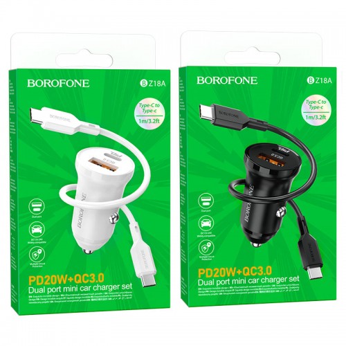 Блок питания автомобильный 1 USB, Type-C Borofone BZ18A, 20Вт, PD, QC, кабель Type-C-Type-C, цвет: белый