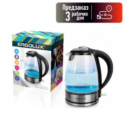 Чайник ERGOLUX, ELX-KG04-C72, 2300Вт, стекло, сталь, 1800мл, цвет: чёрный