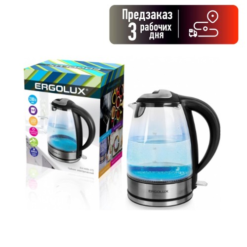 Чайник ERGOLUX, ELX-KG04-C72, 2300Вт, стекло, сталь, 1800мл, цвет: чёрный