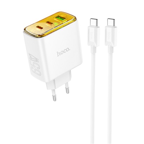 Блок питания сетевой 1 USB, 2 Type-C HOCO CS44A, Smart, 5V, 3.0A, PD 65Вт, кабель Type-C, Type-C, 1.0м, цвет: белый