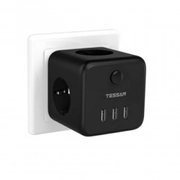 Сетевой фильтр TESSAN TS-301-DE, 2.4A, 3 розетки, с заземлением, кнопка питания, 3 USB выхода, цвет: чёрный
