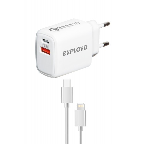 Блок питания сетевой 1 USB, Type-C Exployd EX-Z-1342, SHAFT, 3000mA, PD20W, кабель Type-C-8-pin , цвет: белый