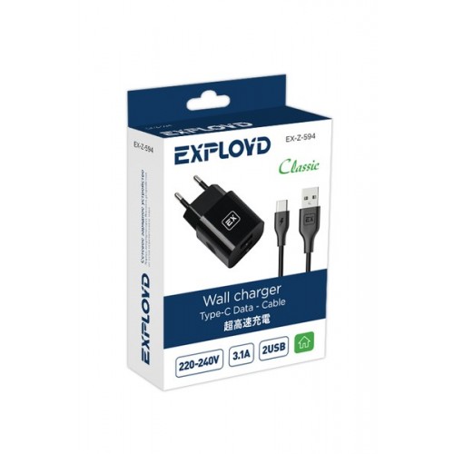 Блок питания сетевой 2 USB Exployd EX-Z-594, Classic, 1000mA, 2100mA, кабель Type-C, цвет: чёрный