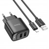 Блок питания сетевой 2 USB HOCO C141A, кабель USB - 8-pin, 1.0м, цвет: чёрный, (арт.6942007627863)