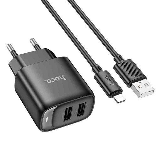 Блок питания сетевой 2 USB HOCO C141A, кабель USB - 8-pin, 1.0м, цвет: чёрный, (арт.6942007627863)