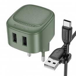 Блок питания сетевой 2 USB Borofone BAS21A, 5V, 2.1A, кабель USB - Type-C, 1.0м, цвет: зеленый