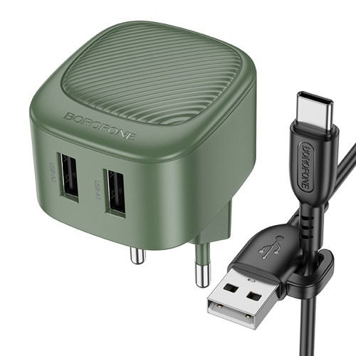 Блок питания сетевой 2 USB Borofone BAS21A, 5V, 2.1A, кабель USB - Type-C, 1.0м, цвет: зеленый