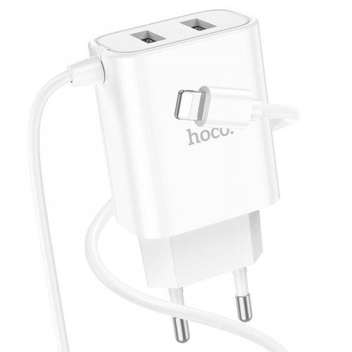 Устройство зарядное сетевое 8 pin, 2 USB HOCO, C103A, Courser, 2100mAh, цвет: белый