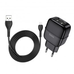 Блок питания сетевой 2 USB HOCO C77A, Highway, 2400mA, кабель 8 pin, цвет: чёрный