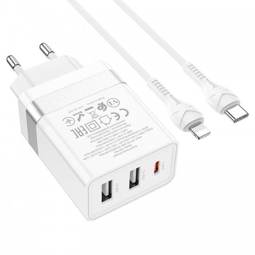 Блок питания сетевой 2 USB, Type-C HOCO N21 Pro, Tourer, 3000mA, 30Вт, QC3.0, PD3.0, кабель 8 pin - Type-C, цвет: белый