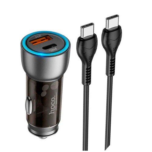 Блок питания автомобильный 1 USB 3.0, Type-C HOCO NZ8, Sprinter, 43Вт, QC3.0, PD, кабель Type-C-Type-C, цвет: коричневый