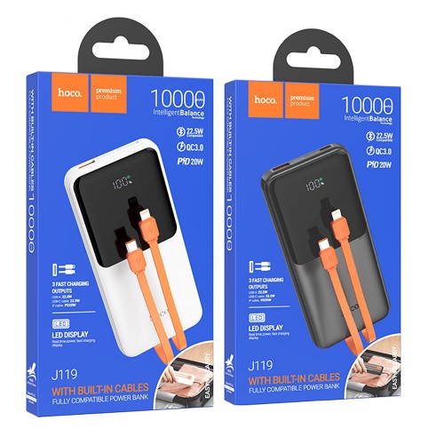 Аккумулятор внешний HOCO J119, Sharp charger, 10000mAh, PD20W, кабель 8 pin, Type-C, цвет: чёрный