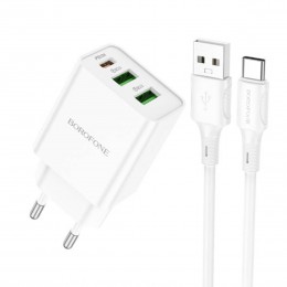 Блок питания сетевой 2 USB, 1 Type-C Borofone BA70A, Quick, 20Вт, PD/ QC/ FCP/ AFC, кабель USB - Type-C, цвет: белый
