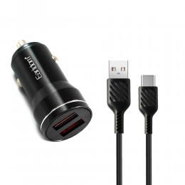 Блок питания автомобильный 2 USB Earldom ES-CC19, 2400mA, 12Вт, кабель Type-C, цвет: чёрный
