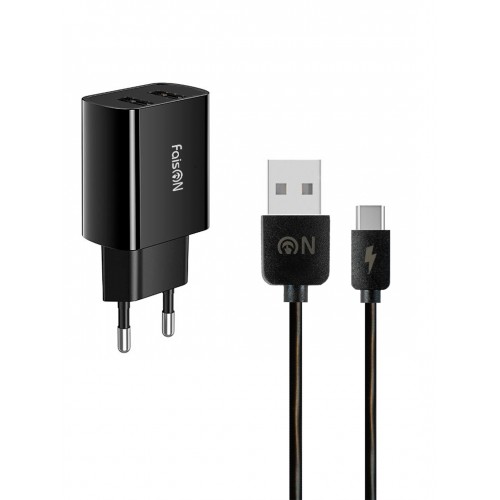 Блок питания сетевой 2 USB FaisON C-27, Serve, 2400mA, кабель Type-C, цвет: чёрный