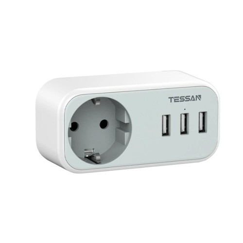 Сетевой фильтр TESSAN TS-329, 1 розетка, 3 USB, цвет: серый