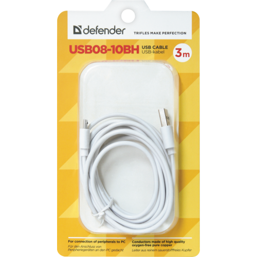 Кабель USB - микро USB Defender USB08-10BH, 3.0м, круглый, 2.1A, силикон, цвет: белый