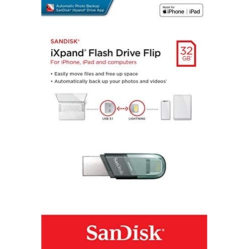 Флеш-накопитель 32Gb SanDisk Flip iXpand, USB 3.1, металл, 8 pin, серебряный, голубой